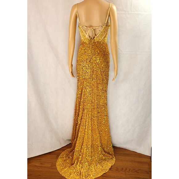 New Prom Special Occasion (0) Gold Velvet Embroidered & Sequin Corset Maxi Dress - Picture 6 of 10